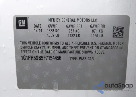 2015 Chevrolet Cruze Eco Auto z USA, uszkodzony, nr VIN 1G1PH5SB5F7154456